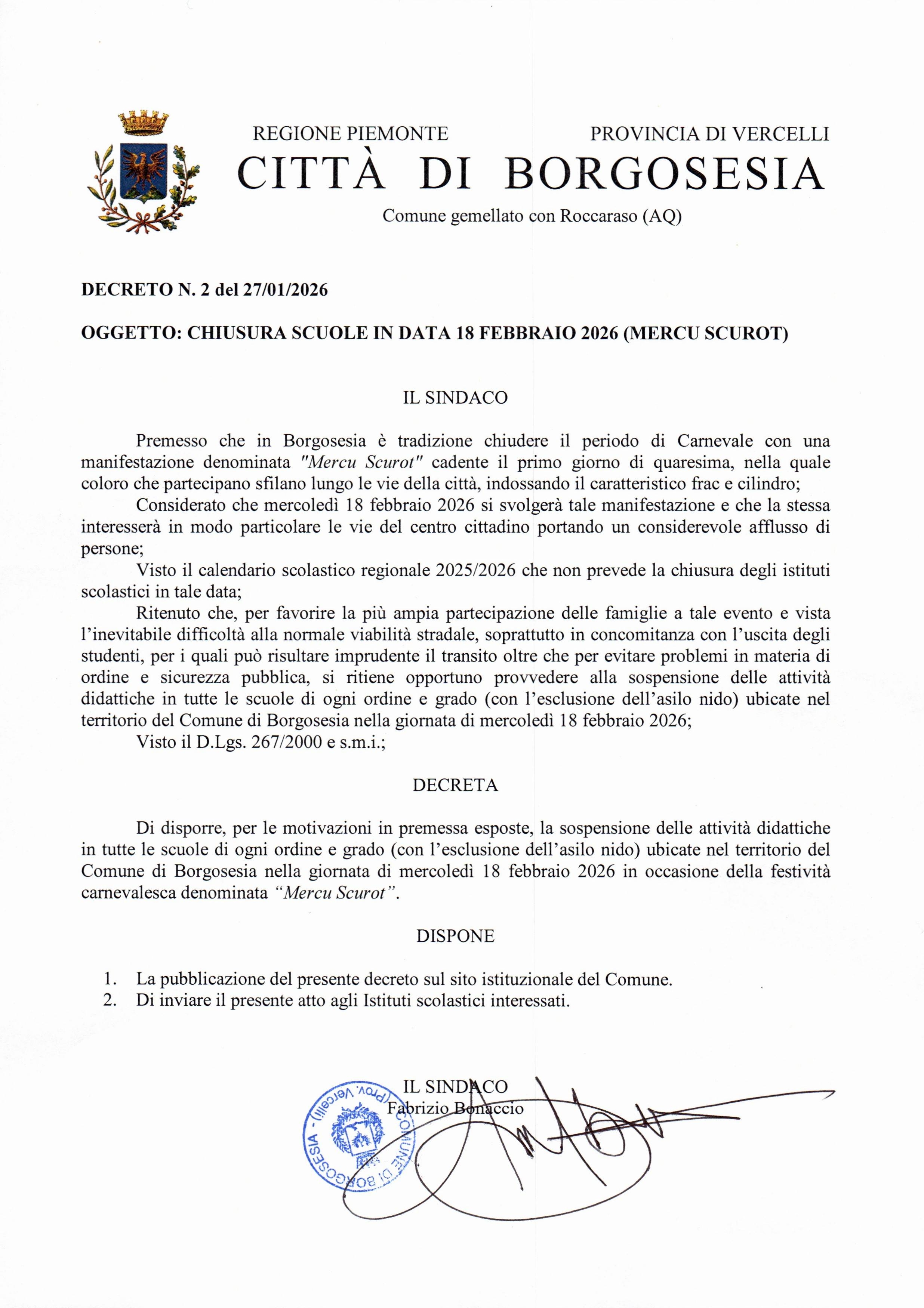 sospensione attività didattiche mercoledì 18 febbraio 2026 - Mercu Scurot