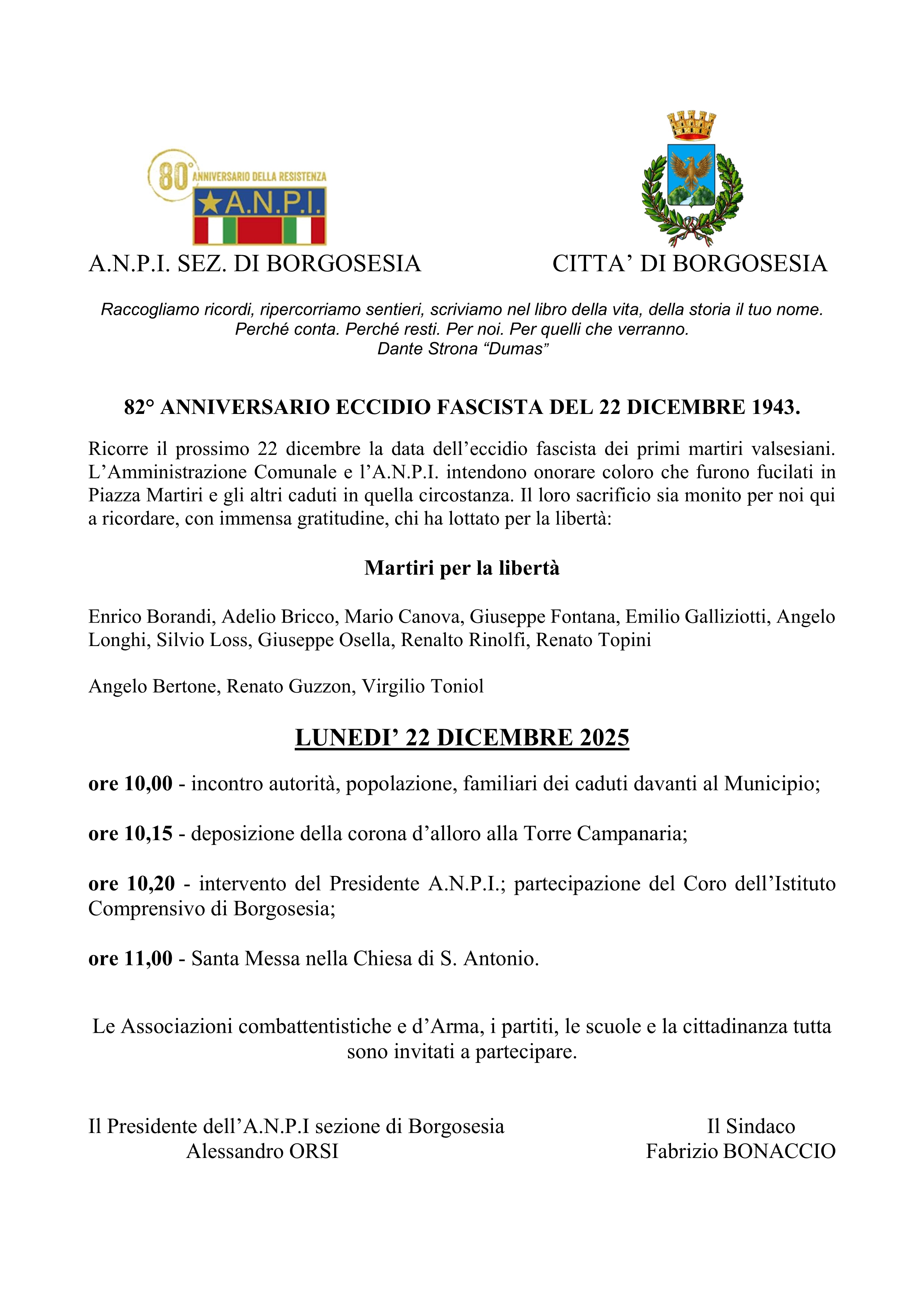 82° anniversario eccidio fascista del 22 Dicembre 1943.