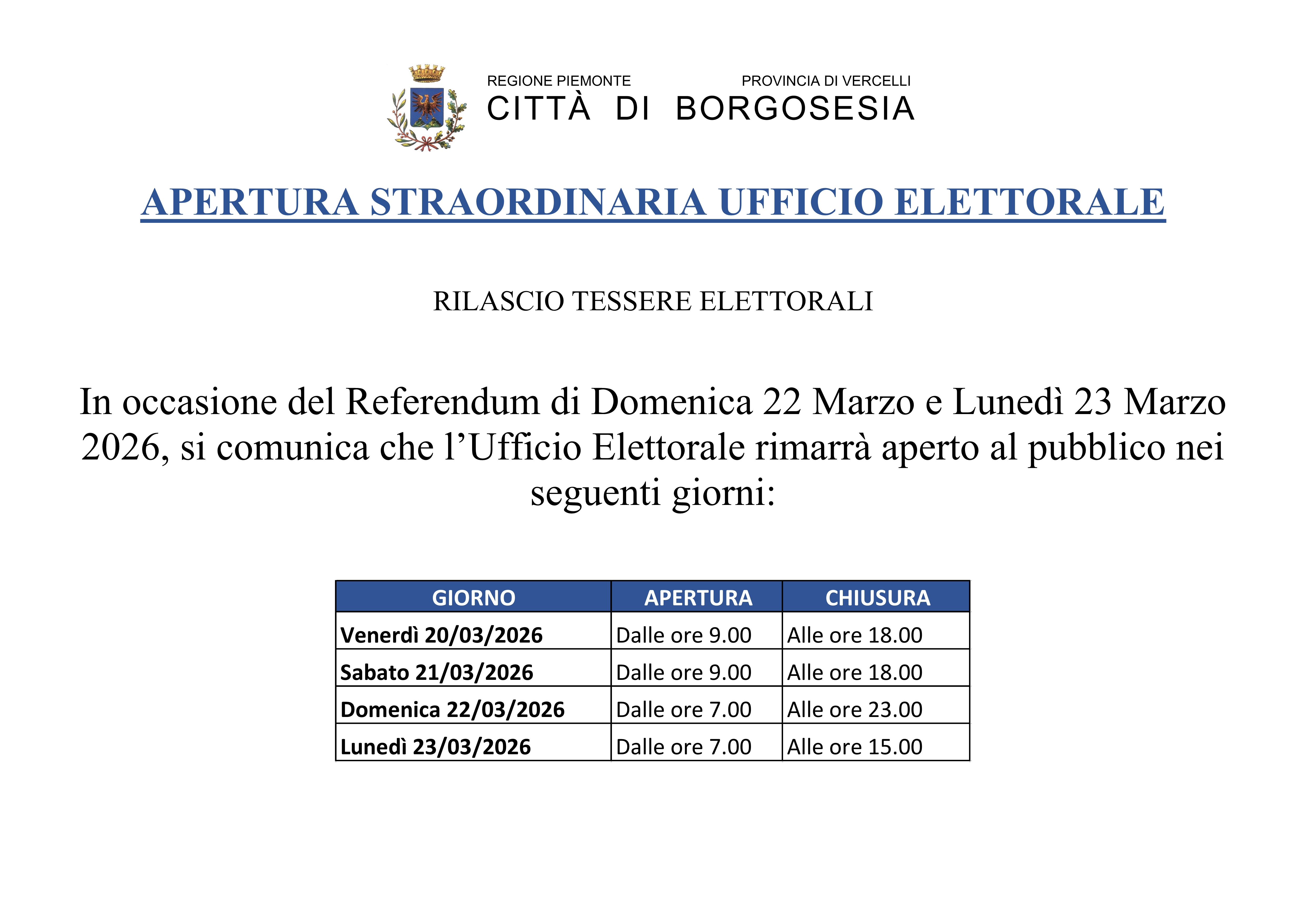 Apertura straordinaria ufficio elettorale